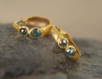 24k blue diamonds hoops, 24k solid gold earrings, hand made artisan gold hoops, small hoops with diamonds earrings, organic gold hoops