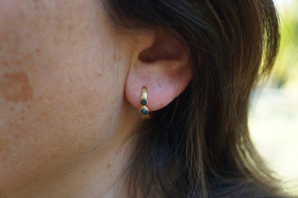 24k blue diamonds hoops, 24k solid gold earrings, hand made artisan gold hoops, small hoops with diamonds earrings, organic gold hoops