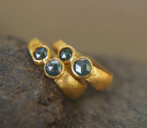 24k blue diamonds hoops, 24k solid gold earrings, hand made artisan gold hoops, small hoops with diamonds earrings, organic gold hoops