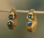 24k blue diamonds hoops, 24k solid gold earrings, hand made artisan gold hoops, small hoops with diamonds earrings, organic gold hoops