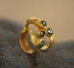 24k blue diamonds hoops, 24k solid gold earrings, hand made artisan gold hoops, small hoops with diamonds earrings, organic gold hoops