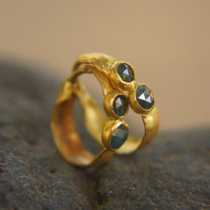 24k blue diamonds hoops, 24k solid gold earrings, hand made artisan gold hoops, small hoops with diamonds earrings, organic gold hoops