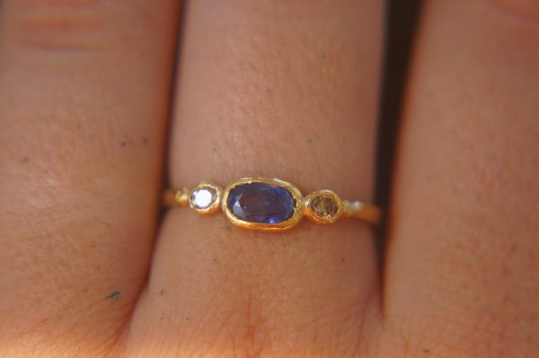 blue sapphire ring, gold sapphire ring, 24k gold ring, unique engagement ring, rough diamond ring, gold ring, gold sapphire with 2 diamonds