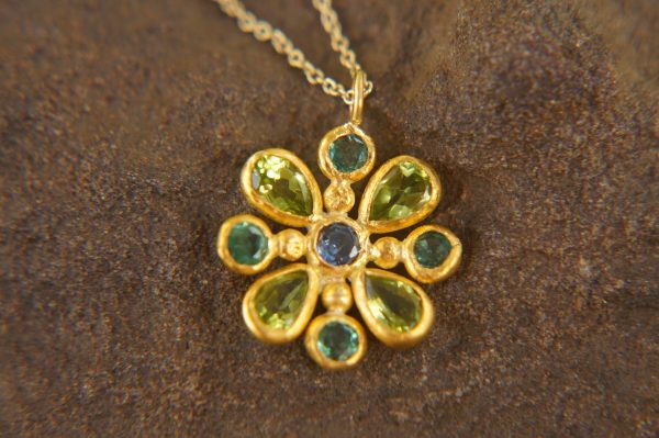 24k gold pendant//emerald sapphire cross//gold artisan cross//sapphire gold cross pendant//multi stone cross//gold cross//artisan gold cross