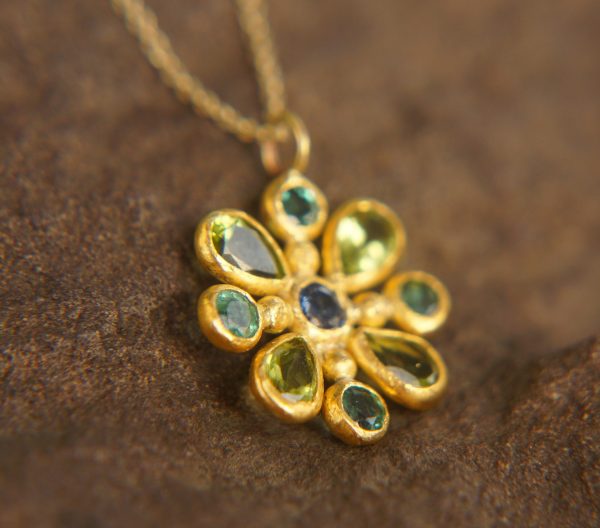 24k gold pendant//emerald sapphire cross//gold artisan cross//sapphire gold cross pendant//multi stone cross//gold cross//artisan gold cross