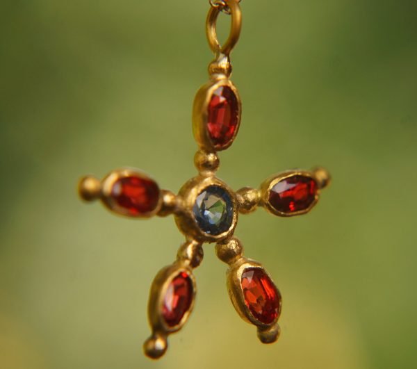 24k gold pendant/red sapphire sapphire//gold artisan pendant//blue sapphire flower pendant//multi stone pendant//artisan gold floral pendant