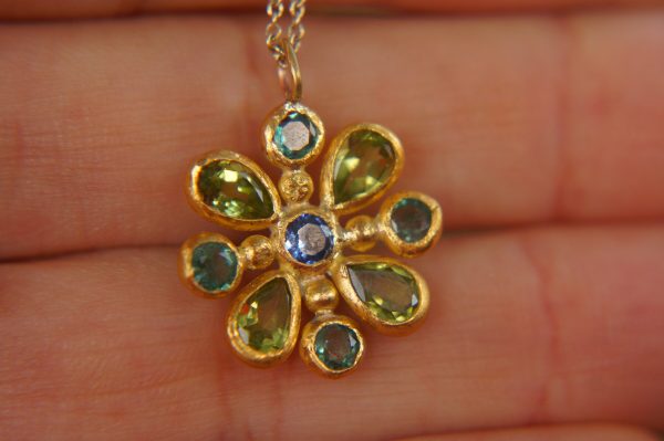 24k gold pendant//emerald sapphire cross//gold artisan cross//sapphire gold cross pendant//multi stone cross//gold cross//artisan gold cross