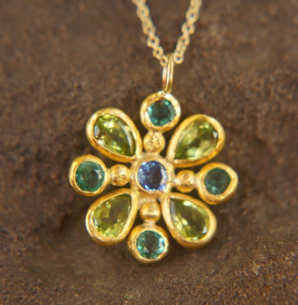 24k gold pendant//emerald sapphire cross//gold artisan cross//sapphire gold cross pendant//multi stone cross//gold cross//artisan gold cross