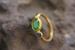 24k sapphire ring//artisan emerald ring//tsavorite 24k ring///24k gold ring//24k gold sapphire tsavorite ring//blue sapphire ring