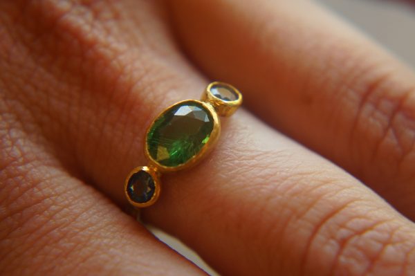 24k sapphire ring//artisan emerald ring//tsavorite 24k ring///24k gold ring//24k gold sapphire tsavorite ring//blue sapphire ring