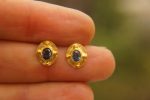 solid gold 24k//sapphire Studs//blue sapphire Earrings//24k gold earrings//dangle blue sapphire studs//artisan handmade 24k gold earrings
