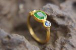 24k sapphire ring//artisan emerald ring//tsavorite 24k ring///24k gold ring//24k gold sapphire tsavorite ring//blue sapphire ring