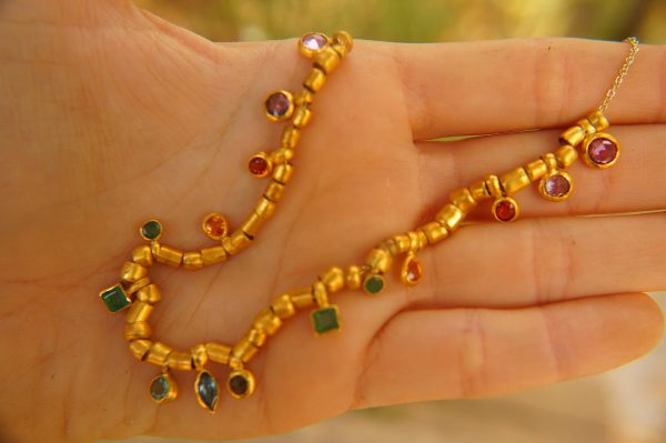 24k gold beaded charm necklace//24k multi stone bracelet//24k gold necklace//charm bracelet with gem stone//gold beaded necklace