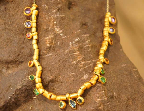 24k gold beaded charm necklace//24k multi stone bracelet//24k gold necklace//charm bracelet with gem stone//gold beaded necklace