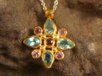 24k gold apatite and sapphire pendant//multi stone gold necklace//24k apatite and sapphire pendant//gold pendant//artisan gem pendant