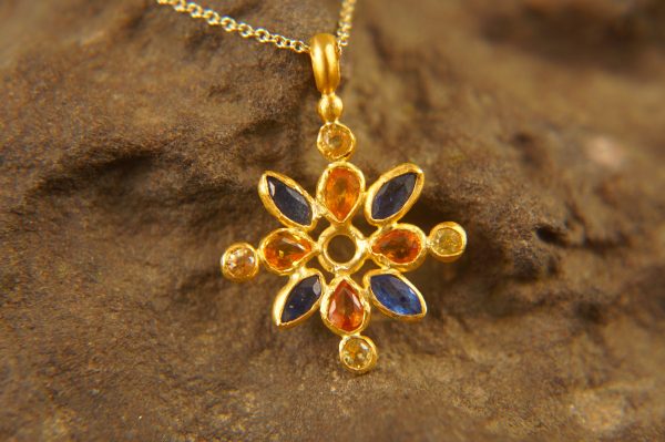 24k gold sapphire pendant//multi stone gold necklace//24k gold sapphire pendant//sapphire gold pendant//artisan gold gem pendant