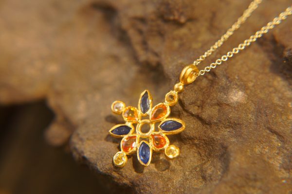 24k gold sapphire pendant//multi stone gold necklace//24k gold sapphire pendant//sapphire gold pendant//artisan gold gem pendant