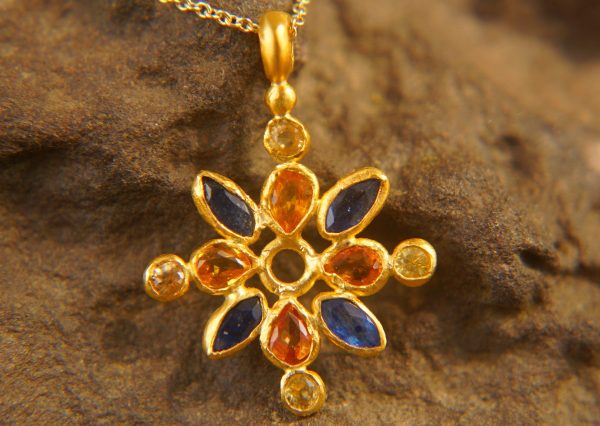 24k gold sapphire pendant//multi stone gold necklace//24k gold sapphire pendant//sapphire gold pendant//artisan gold gem pendant