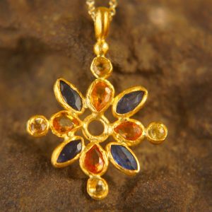 24k gold sapphire pendant//multi stone gold necklace//24k gold sapphire pendant//sapphire gold pendant//artisan gold gem pendant