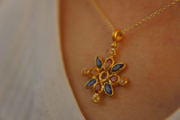 24k gold sapphire pendant//multi stone gold necklace//24k gold sapphire pendant//sapphire gold pendant//artisan gold gem pendant