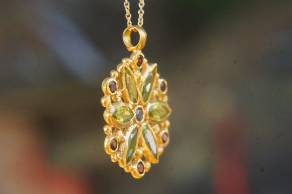 24k gold peridot sapphire pendant//handmade 24k pendant//artisan one of a kind gold pendant//mandala gold pendant//artisan gem pendant//24k