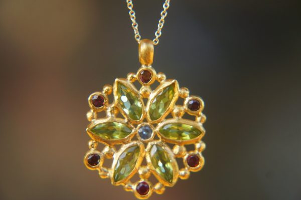 24k gold peridot sapphire pendant//handmade 24k pendant//artisan one of a kind gold pendant//mandala gold pendant//artisan gem pendant//24k