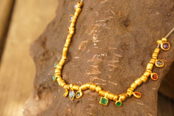 24k gold beaded charm necklace//24k multi stone bracelet//24k gold necklace//charm bracelet with gem stone//gold beaded necklace
