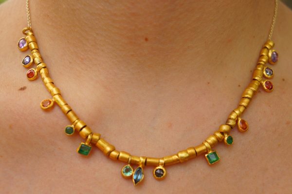 24k gold beaded charm necklace//24k multi stone bracelet//24k gold necklace//charm bracelet with gem stone//gold beaded necklace