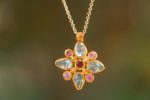 24k gold apatite and sapphire pendant//multi stone gold necklace//24k apatite and sapphire pendant//gold pendant//artisan gem pendant