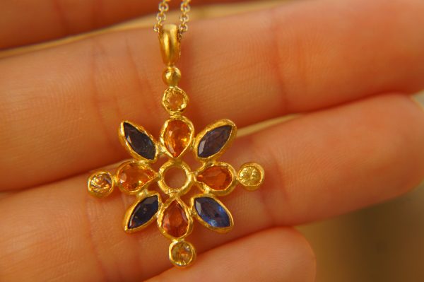 24k gold sapphire pendant//multi stone gold necklace//24k gold sapphire pendant//sapphire gold pendant//artisan gold gem pendant