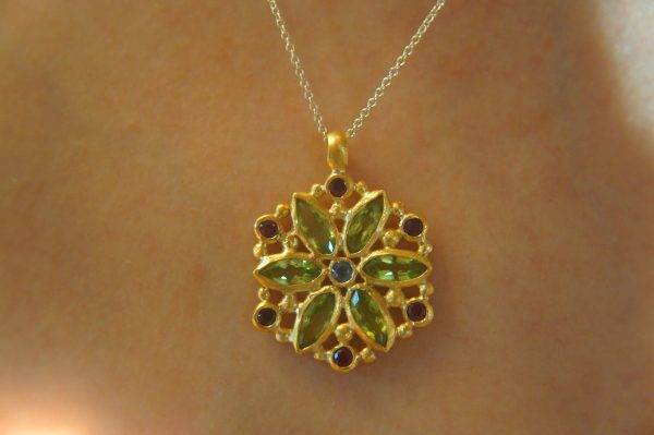 24k gold peridot sapphire pendant//handmade 24k pendant//artisan one of a kind gold pendant//mandala gold pendant//artisan gem pendant//24k