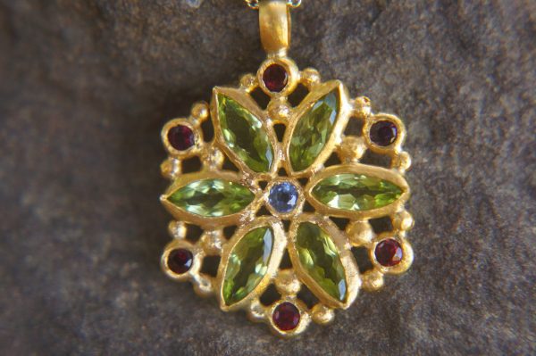24k gold peridot sapphire pendant//handmade 24k pendant//artisan one of a kind gold pendant//mandala gold pendant//artisan gem pendant//24k