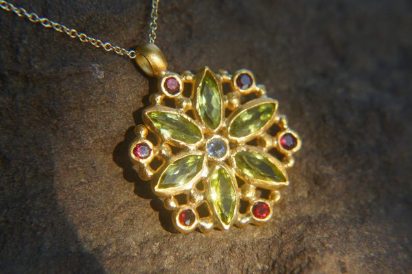 24k gold peridot sapphire pendant//handmade 24k pendant//artisan one of a kind gold pendant//mandala gold pendant//artisan gem pendant//24k