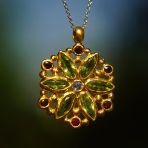 24k gold peridot sapphire pendant//handmade 24k pendant//artisan one of a kind gold pendant//mandala gold pendant//artisan gem pendant//24k