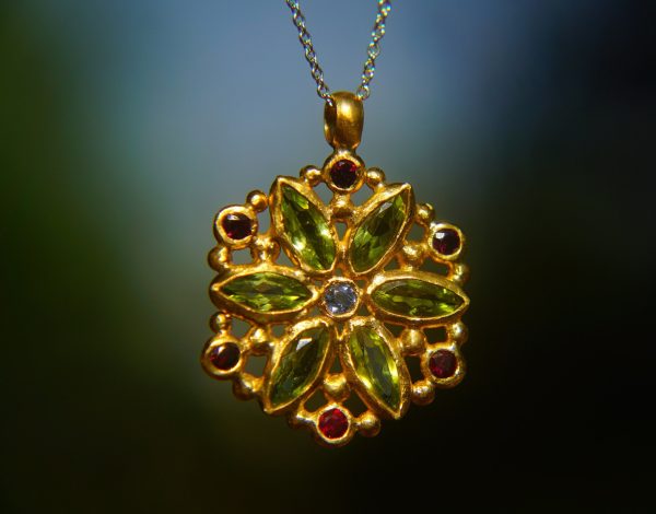 24k gold peridot sapphire pendant//handmade 24k pendant//artisan one of a kind gold pendant//mandala gold pendant//artisan gem pendant//24k