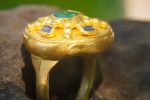 24k emerald and blue sapphire ring//artisan AA emerald ring//24k gold ring//24k gold sapphire ring//artisan 24k gold ring