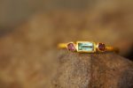 24k gold blue tourmaline and red sapphire ring//gold tourmaline and sapphire artisan ring//hand made tourmaline ring//tourmaline gold ring