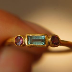 24k gold blue tourmaline and red sapphire ring//gold tourmaline and sapphire artisan ring//hand made tourmaline ring//tourmaline gold ring