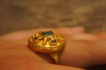 24k emerald and blue sapphire ring//artisan AA emerald ring//24k gold ring//24k gold sapphire ring//artisan 24k gold ring