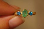 24k emerald and neon blue topaz ring//artisan emerald topaz ring//emerald 24k ring//24k gold ring//24k gold emerald ring//gold emerald topaz