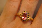 24k gold pink tourmaline and blue sapphire ring//multi stone gold ring//tourmaline gold ring//tourmaline and sapphire ring