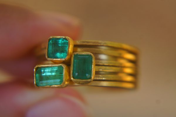 22k gold emerald stacking ring//gold emerald ring//artisan stacking ring//24k emerald ring//handmade one of a kind//boho engagement ring