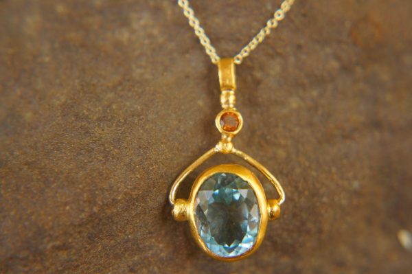 24k gold blue topaz and orange sapphire pendant//topaz and sapphire 24k gold necklace//artisan 24k gold pendant//gold topaz sapphire chain