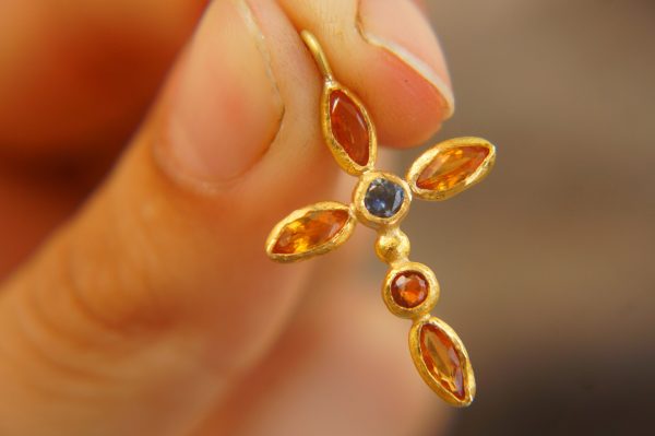 24k gold sapphire cross charm//24k sapphire cross pendant//gold artisan cross//sapphire gold cross pendant//handmade gold cross//24k cross