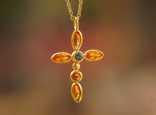 24k gold sapphire cross charm//24k sapphire cross pendant//gold artisan cross//sapphire gold cross pendant//handmade gold cross//24k cross