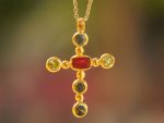 24k gold sapphire cross charm//24k sapphire cross pendant//gold artisan cross//sapphire gold cross pendant//handmade gold cross//24k cross