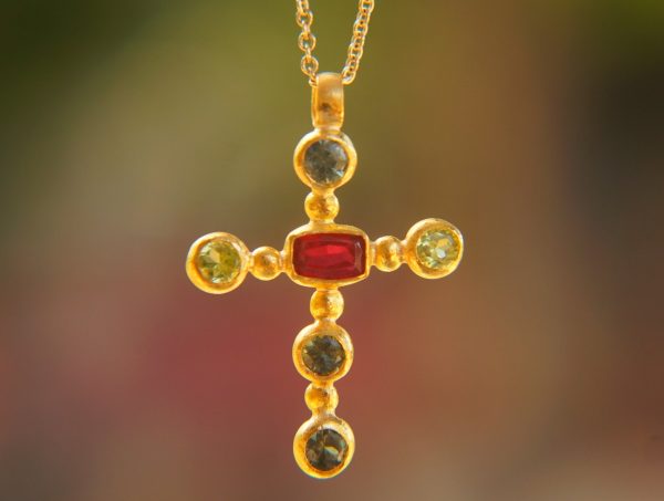 24k gold sapphire cross charm//24k sapphire cross pendant//gold artisan cross//sapphire gold cross pendant//handmade gold cross//24k cross