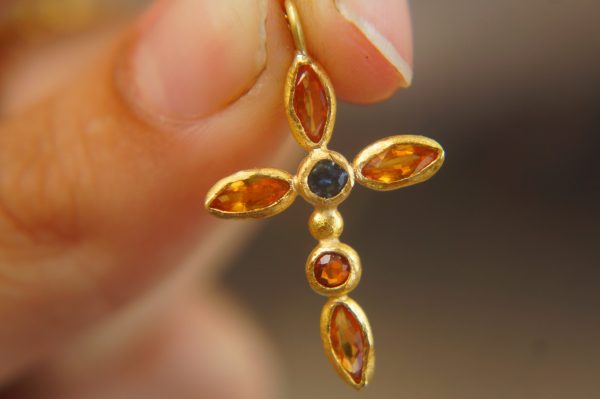 24k gold sapphire cross charm//24k sapphire cross pendant//gold artisan cross//sapphire gold cross pendant//handmade gold cross//24k cross