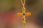 24k gold sapphire cross charm//24k sapphire cross pendant//gold artisan cross//sapphire gold cross pendant//handmade gold cross//24k cross