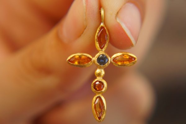 24k gold sapphire cross charm//24k sapphire cross pendant//gold artisan cross//sapphire gold cross pendant//handmade gold cross//24k cross